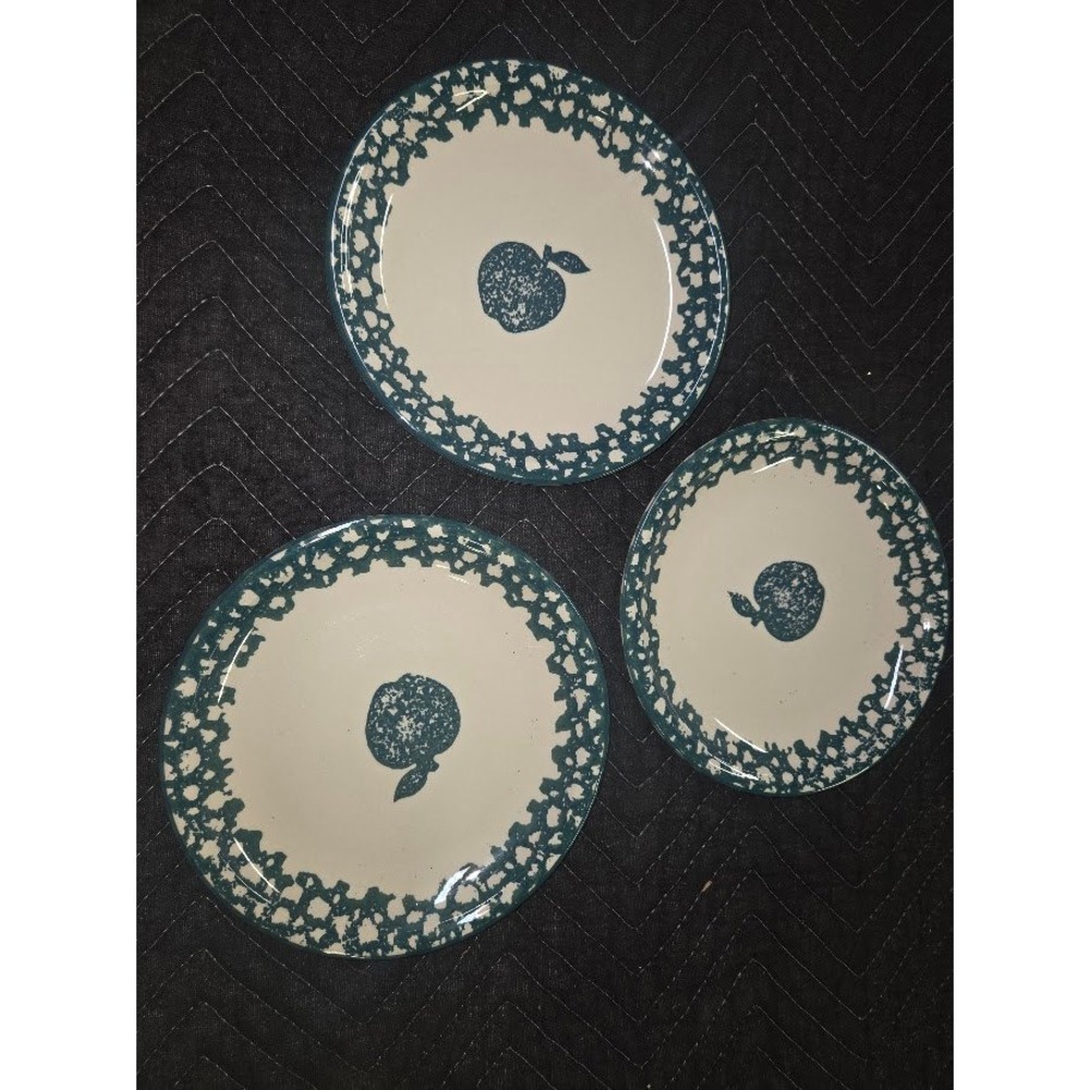 Tienshan Folk Craft Apple Salad Plates Set of 3 Green Spongeware Stoneware 8in